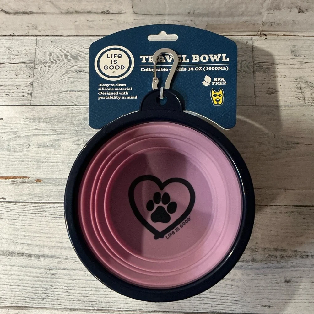 Life is Good Purple Paw Print in Heart Collapsible Travel Pet Bowl - 34 oz.